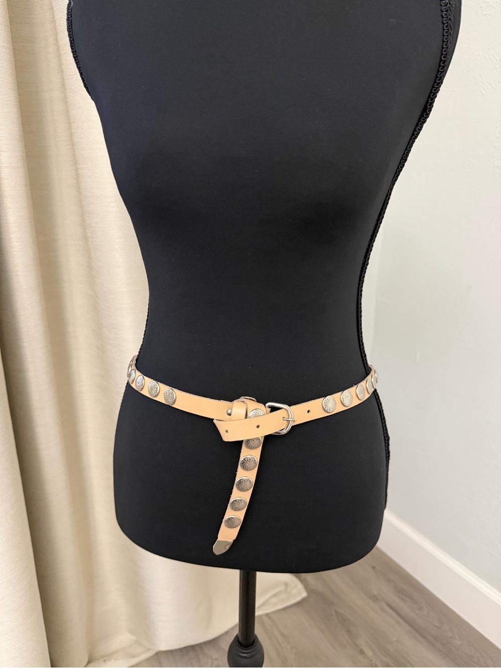 Tan Studded Leather Belt with Silver Accents